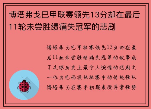 博塔弗戈巴甲联赛领先13分却在最后11轮未尝胜绩痛失冠军的悲剧