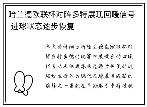 哈兰德欧联杯对阵多特展现回暖信号 进球状态逐步恢复